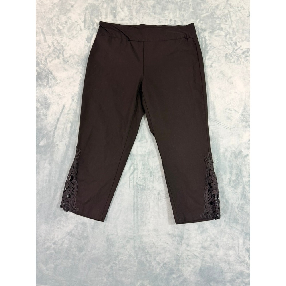 Kate Park Black Capri Pants XL Crochet Lace Hem Pull On Cropped Trousers